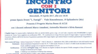 INCONTRO CON I GENITORI MERCOLEDI’ 19 APRILE  PROGETTO ENGLISH CAMPS ANNO 2017